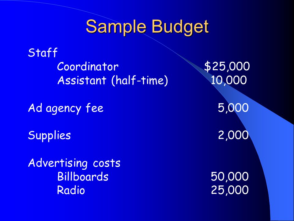 Sample Budget Staff Coordinator $25,000 Assistant (half-time) 10,000