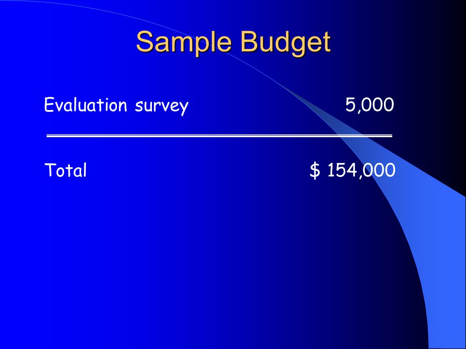 Sample Budget Evaluation survey 5,000 Total $ 154,000