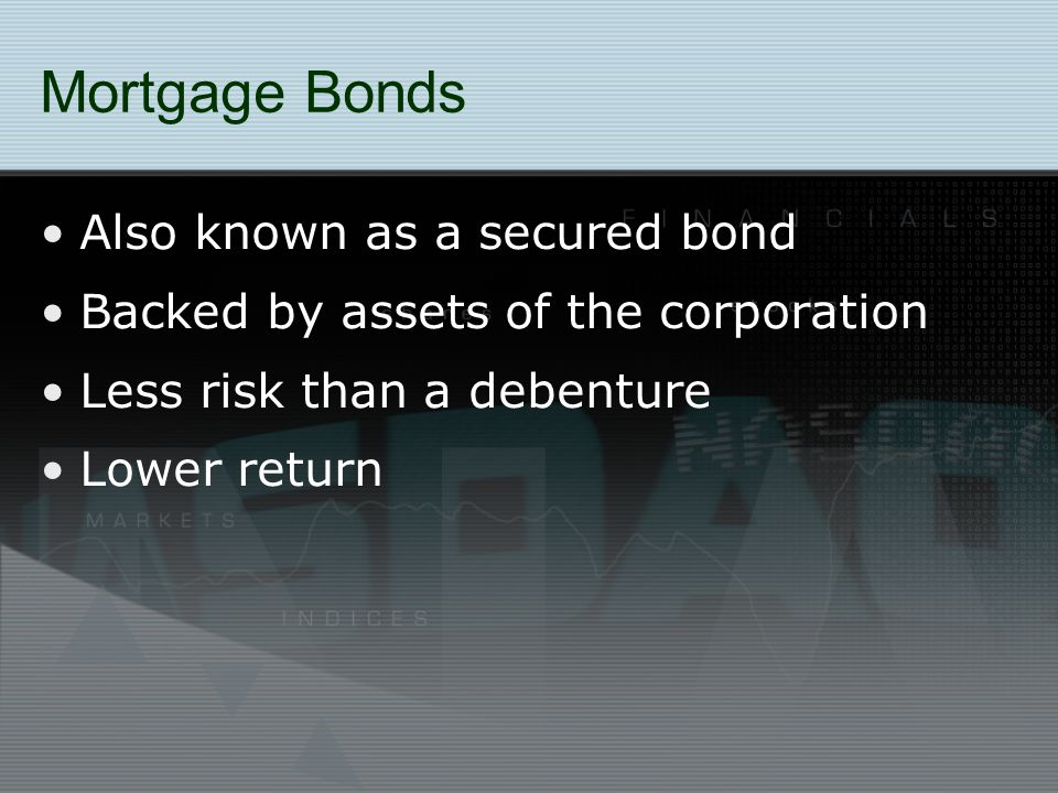 Mortgage Bonds Also known as a secured bond
