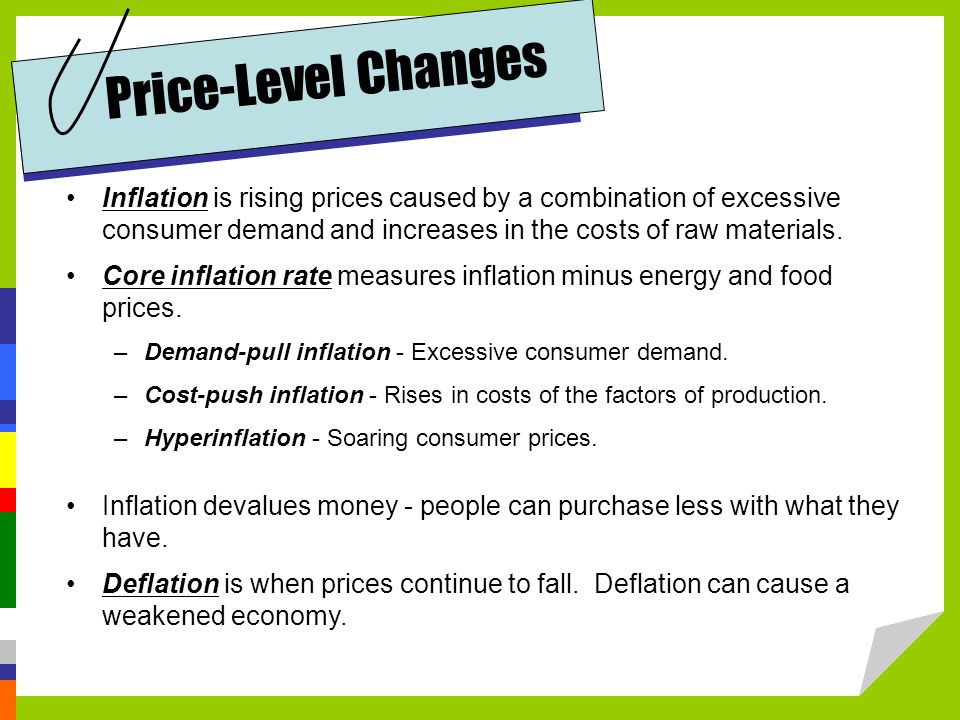 Price-Level Changes Inflation is rising prices caused by a combination of excessive consumer demand and increases in the costs of raw materials.
