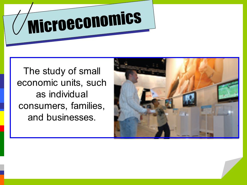 Microeconomics The study of small economic units, such as individual consumers, families, and businesses.