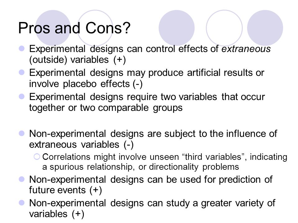 Pros and Cons Experimental designs can control effects of extraneous (outside) variables (+)