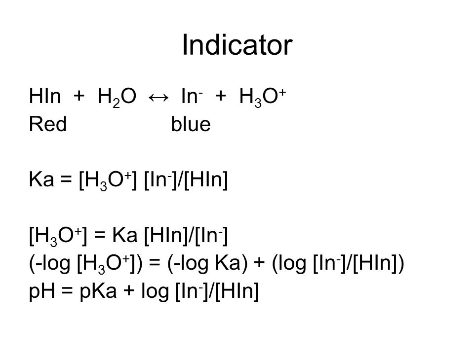 Indicator HIn + H2O ↔ In- + H3O+ Red blue Ka = [H3O+] [In-]/[HIn]