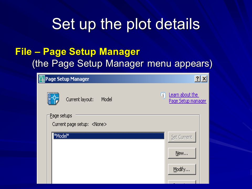 Set up the plot details File – Page Setup Manager (the Page Setup Manager menu appears)