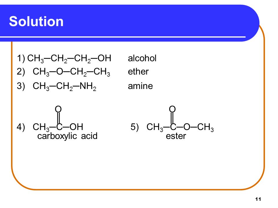 Solution 1) CH3─CH2─CH2─OH alcohol 2) CH3─O─CH2─CH3 ether