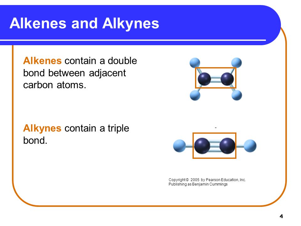 Alkenes and Alkynes Alkenes contain a double bond between adjacent carbon atoms. Alkynes contain a triple bond.