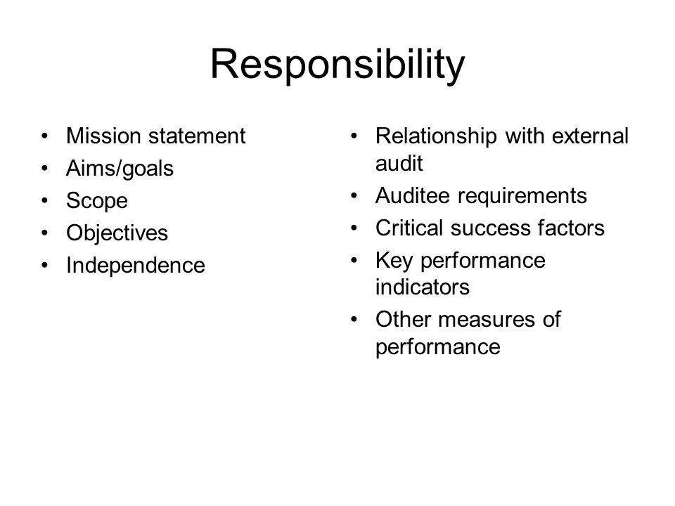 Responsibility Mission statement Aims/goals Scope Objectives