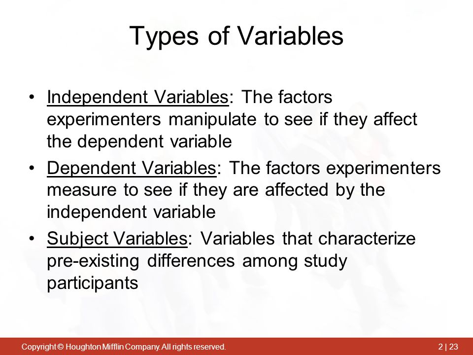 Types of Variables Independent Variables: The factors experimenters manipulate to see if they affect the dependent variable.