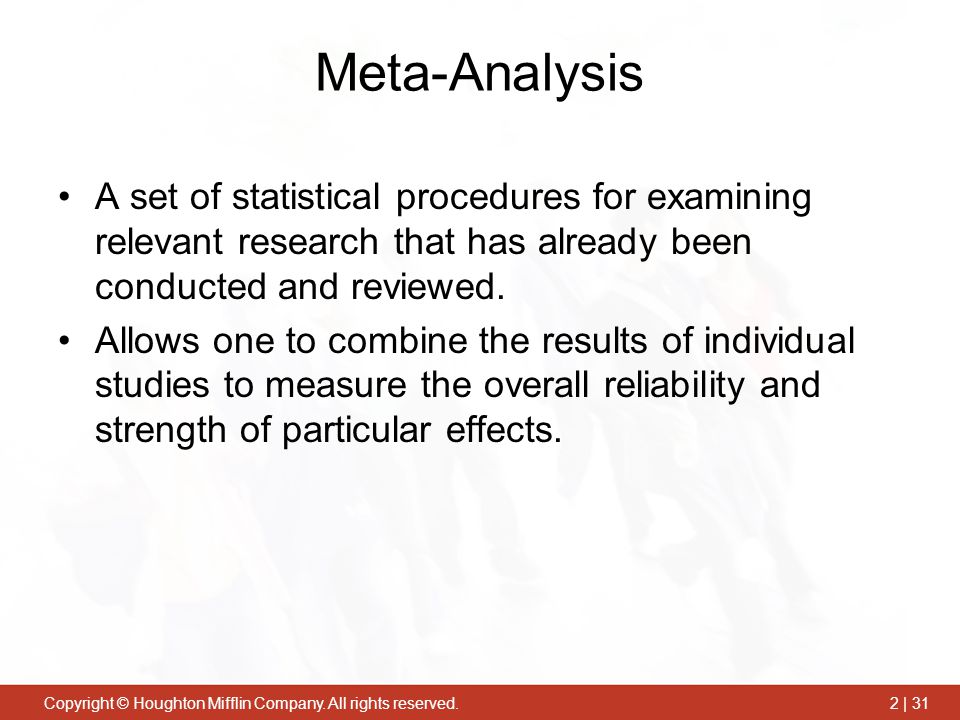 Meta-Analysis A set of statistical procedures for examining relevant research that has already been conducted and reviewed.