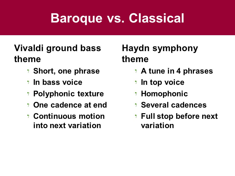 Baroque vs. Classical Vivaldi ground bass theme Haydn symphony theme