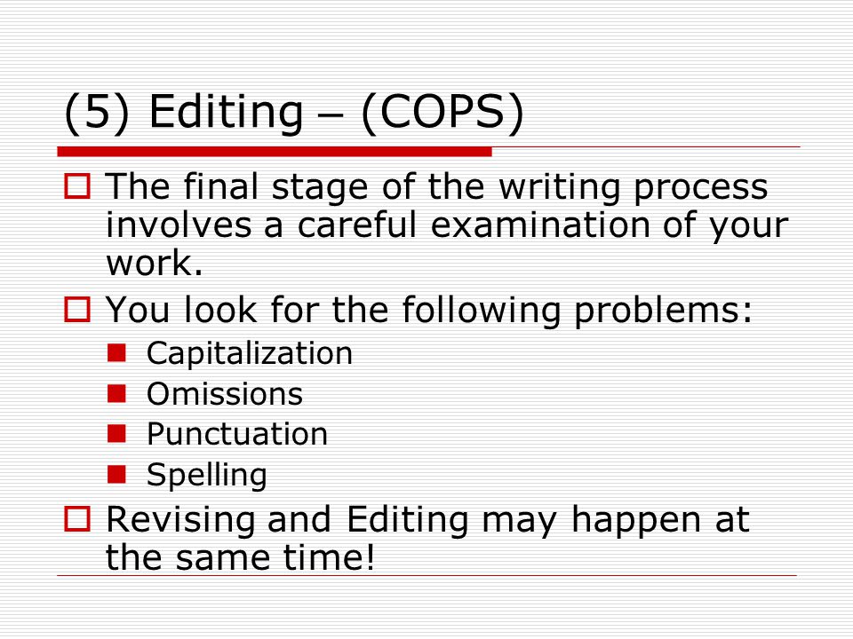 (5) Editing – (COPS) The final stage of the writing process involves a careful examination of your work.