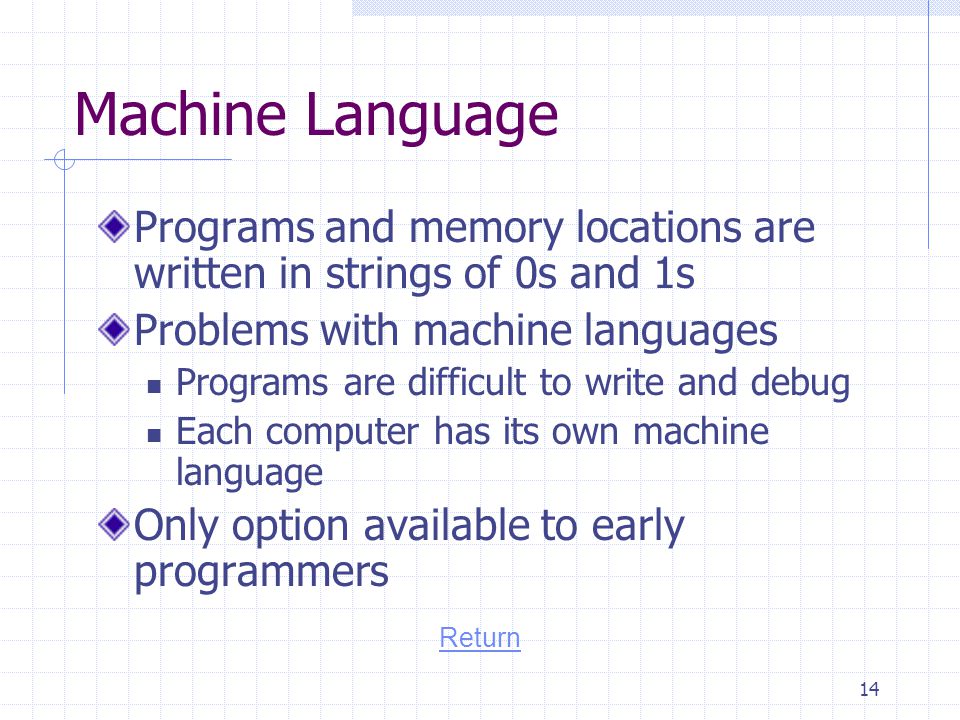 Machine Language Programs and memory locations are written in strings of 0s and 1s. Problems with machine languages.