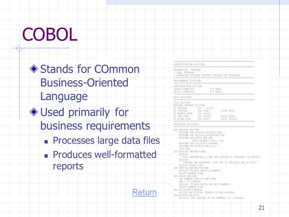 COBOL Stands for COmmon Business-Oriented Language