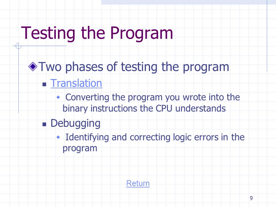 Testing the Program Two phases of testing the program Translation