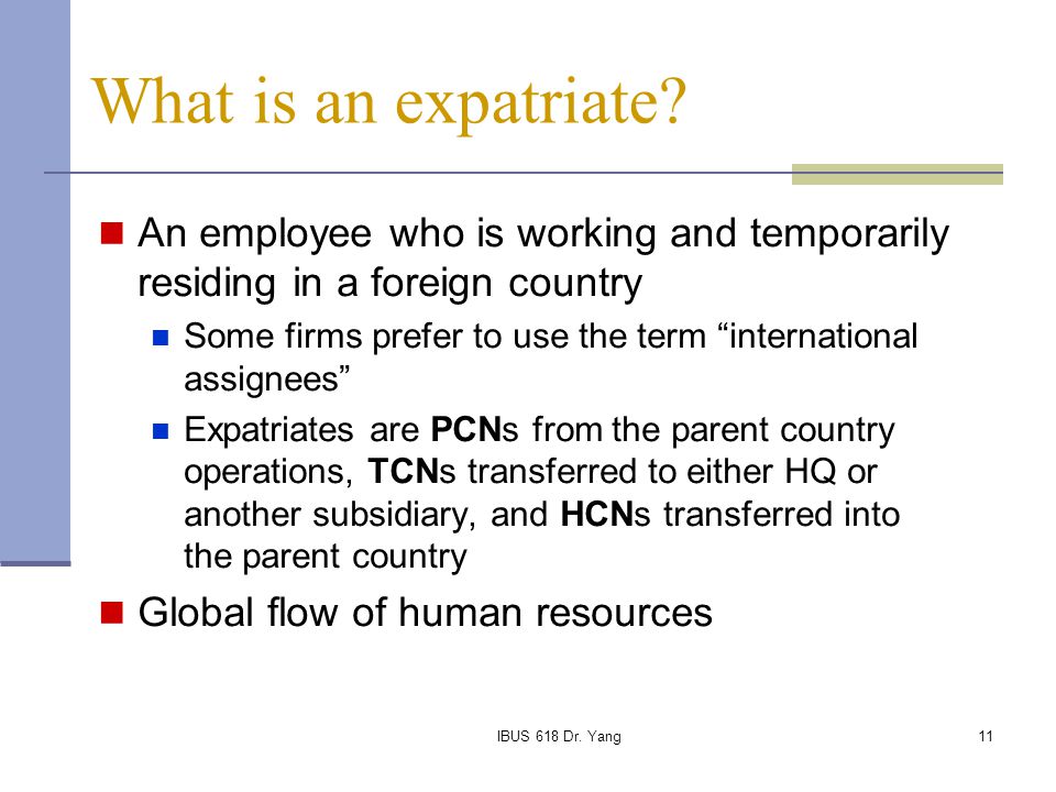 What is an expatriate An employee who is working and temporarily residing in a foreign country.