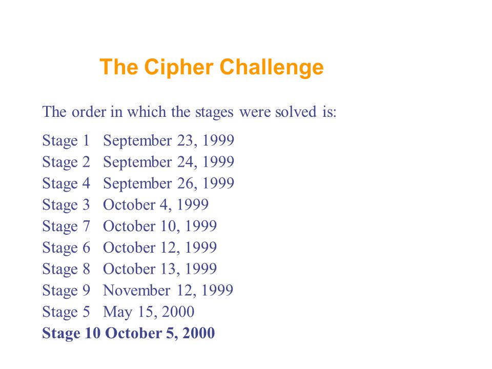 The Cipher Challenge The order in which the stages were solved is: