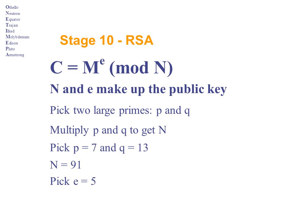 C = Me (mod N) Stage 10 - RSA N and e make up the public key