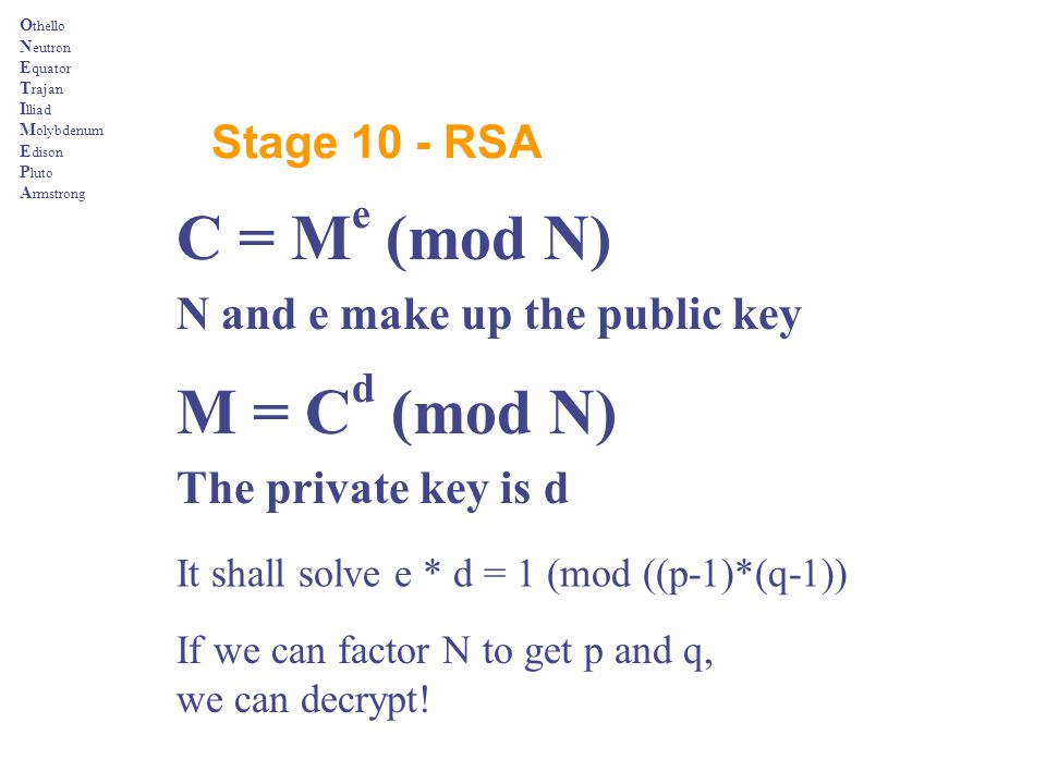 C = Me (mod N) M = Cd (mod N) Stage 10 - RSA
