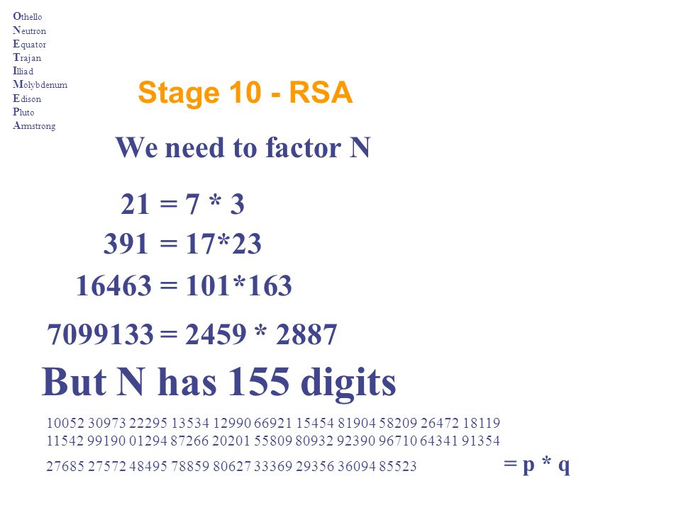 But N has 155 digits Stage 10 - RSA We need to factor N 21 = 7 * 3 391