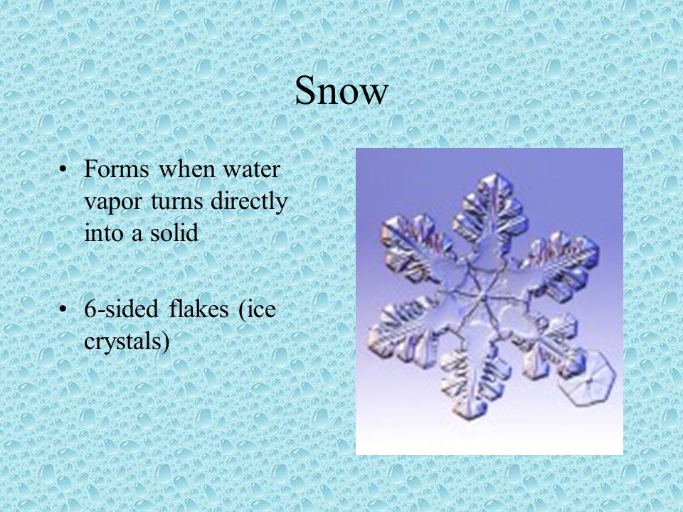 Snow Forms when water vapor turns directly into a solid