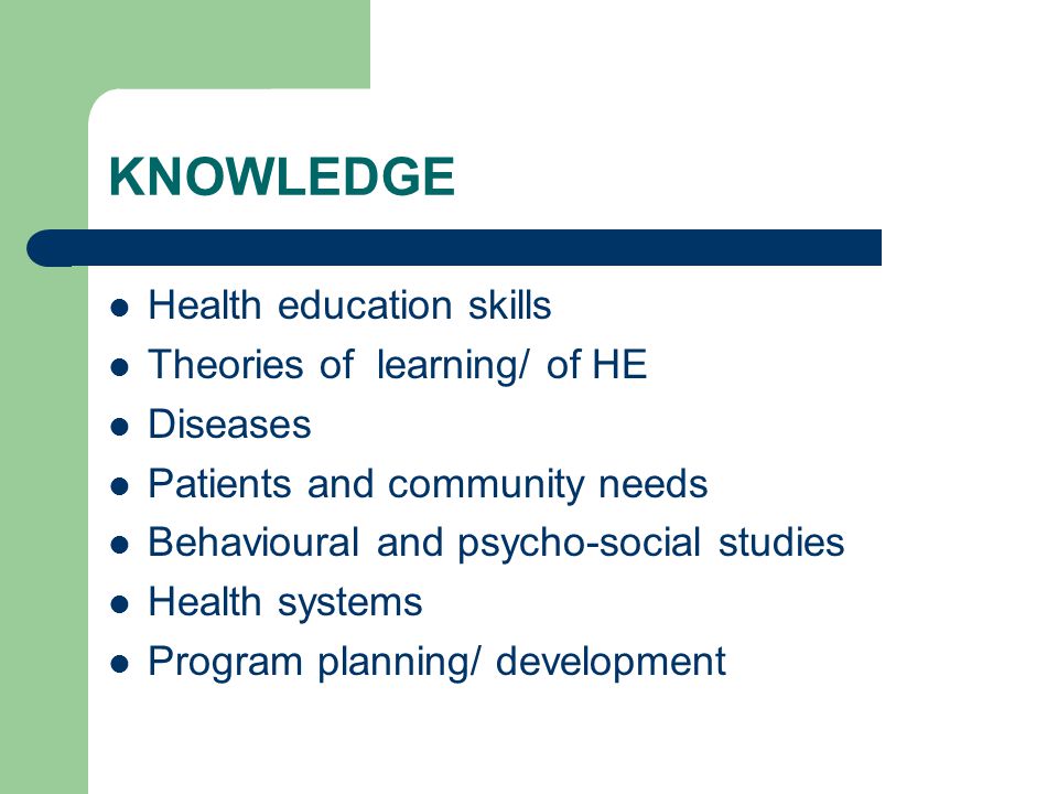KNOWLEDGE Health education skills Theories of learning/ of HE Diseases