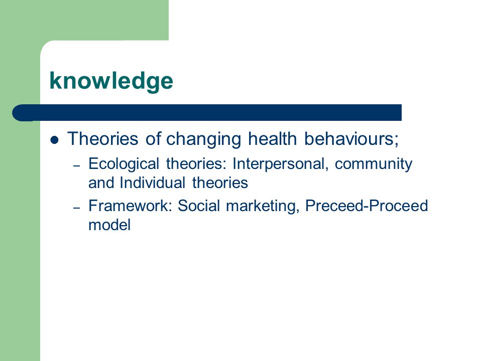 knowledge Theories of changing health behaviours;