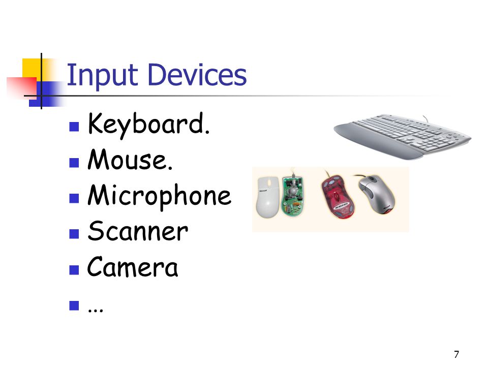 Input Devices Keyboard. Mouse. Microphone Scanner Camera …