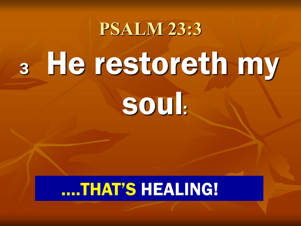 PSALM 23:3 3 He restoreth my soul: ….THAT’S HEALING!