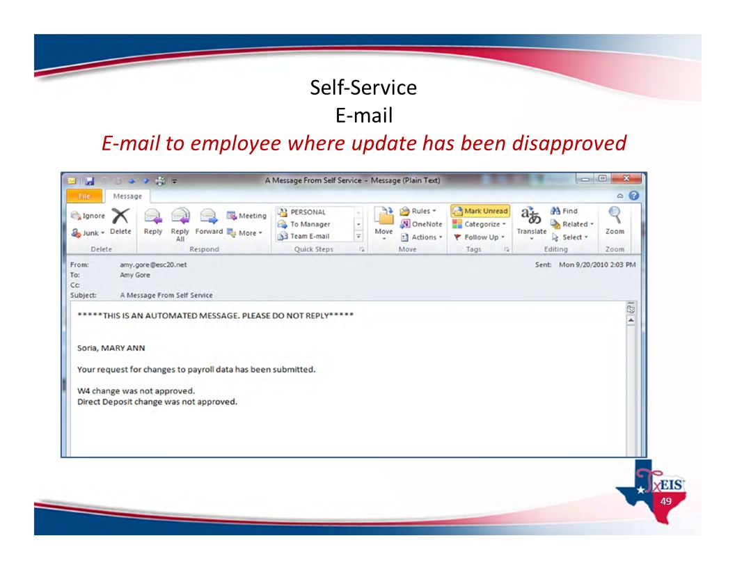E‐mail to employee where update has been disapproved