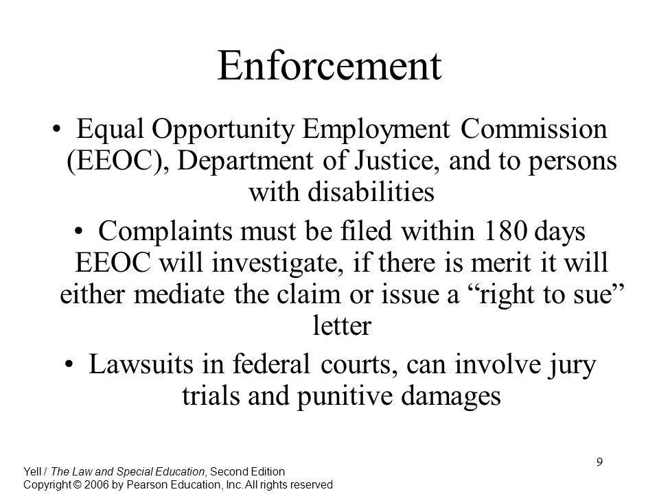 Enforcement Equal Opportunity Employment Commission (EEOC), Department of Justice, and to persons with disabilities.