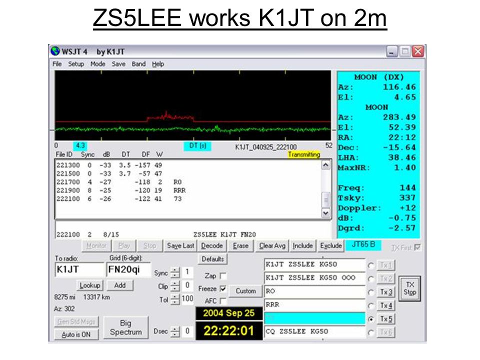 ZS5LEE works K1JT on 2m