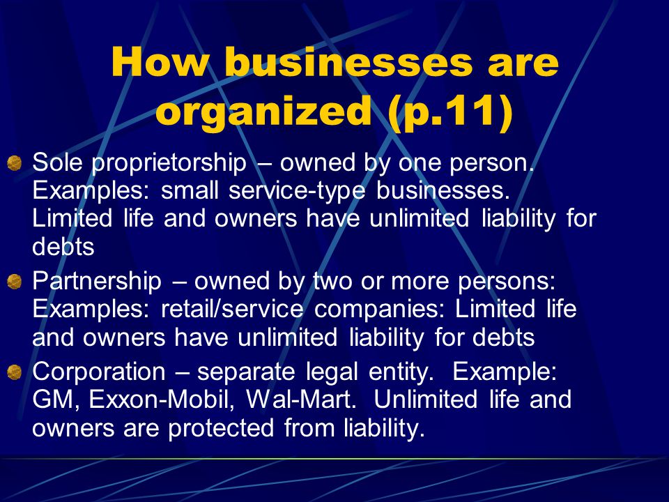 How businesses are organized (p.11)
