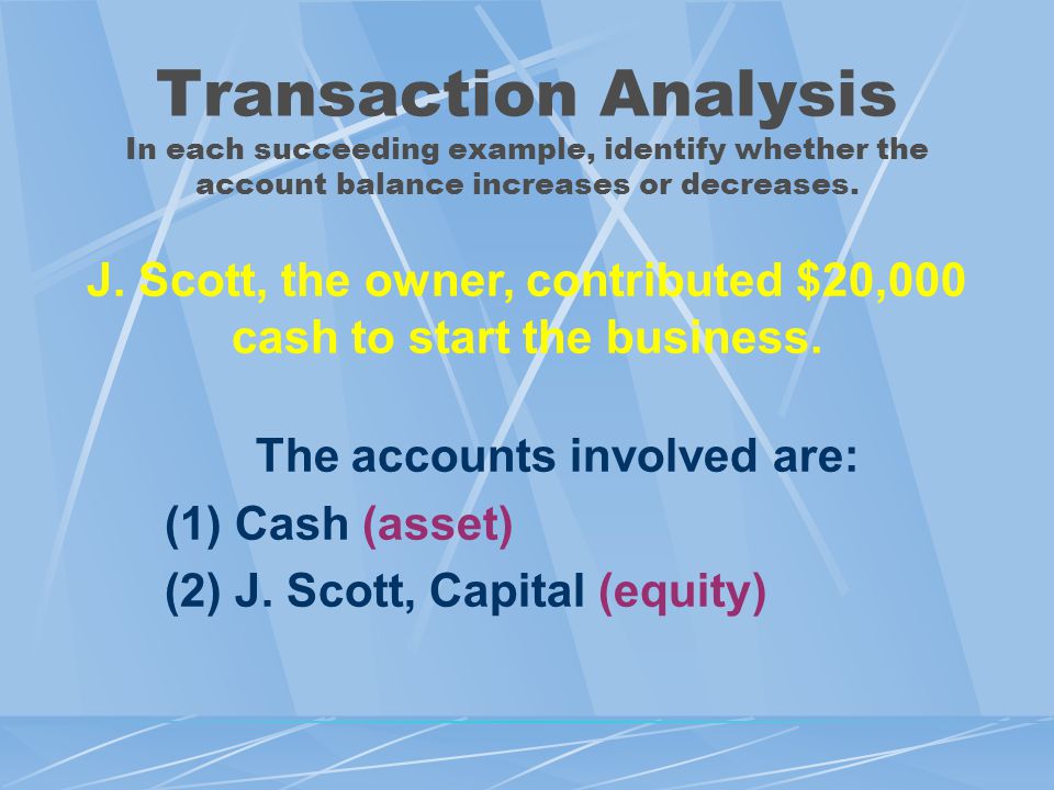 Transaction Analysis In each succeeding example, identify whether the account balance increases or decreases.