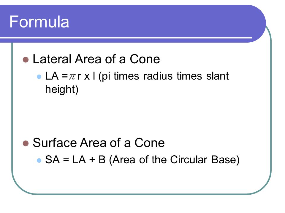Formula Lateral Area of a Cone Surface Area of a Cone
