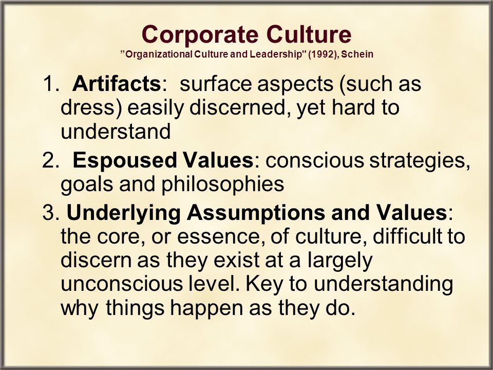 Corporate Culture Organizational Culture and Leadership (1992), Schein