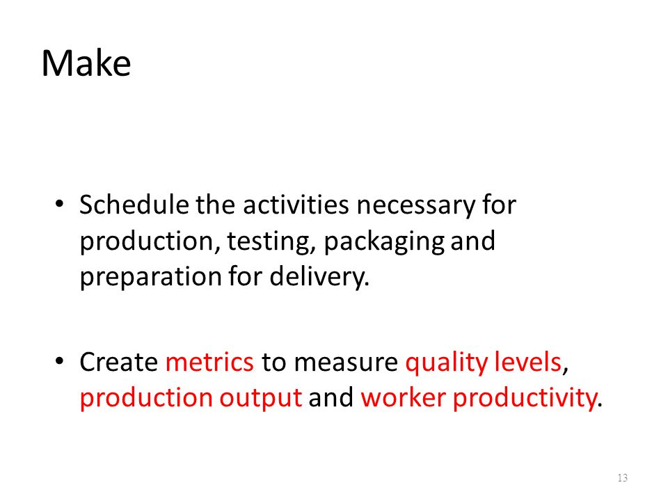 Make Schedule the activities necessary for production, testing, packaging and preparation for delivery.
