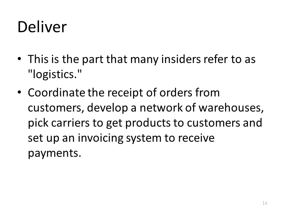 Deliver This is the part that many insiders refer to as logistics.