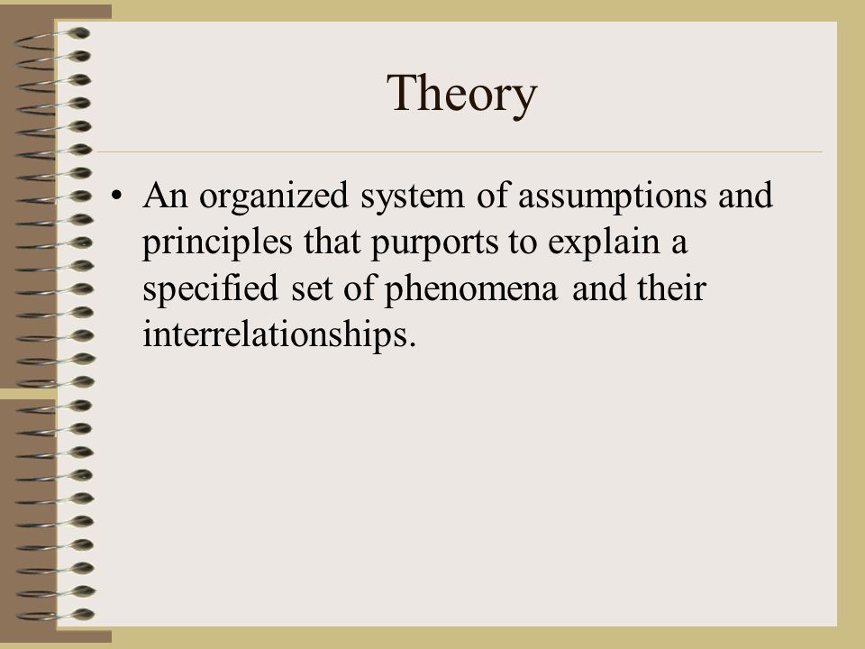 Theory An organized system of assumptions and principles that purports to explain a specified set of phenomena and their interrelationships.