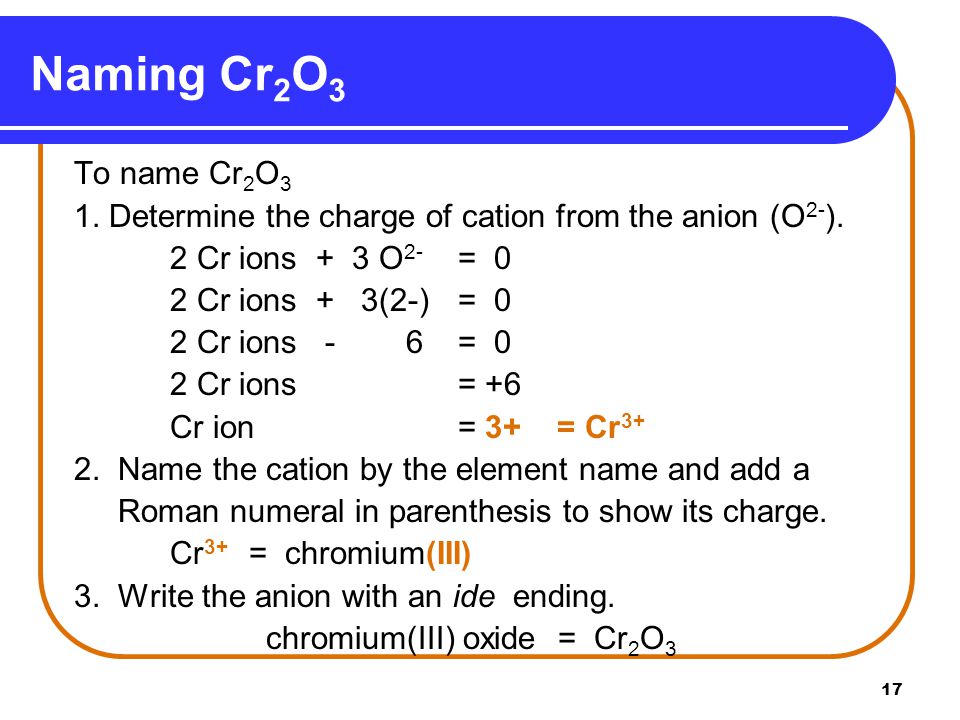 Naming Cr2O3 To name Cr2O3. 1. Determine the charge of cation from the anion (O2-). 2 Cr ions + 3 O2- = 0.