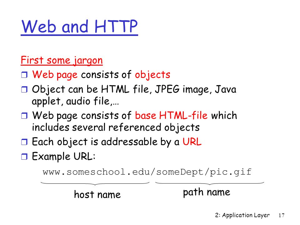 Web and HTTP First some jargon Web page consists of objects