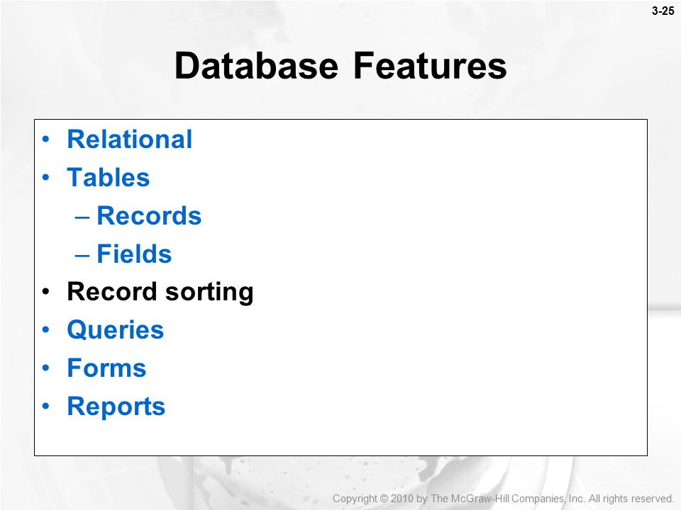 Database Features Relational Tables Records Fields Record sorting