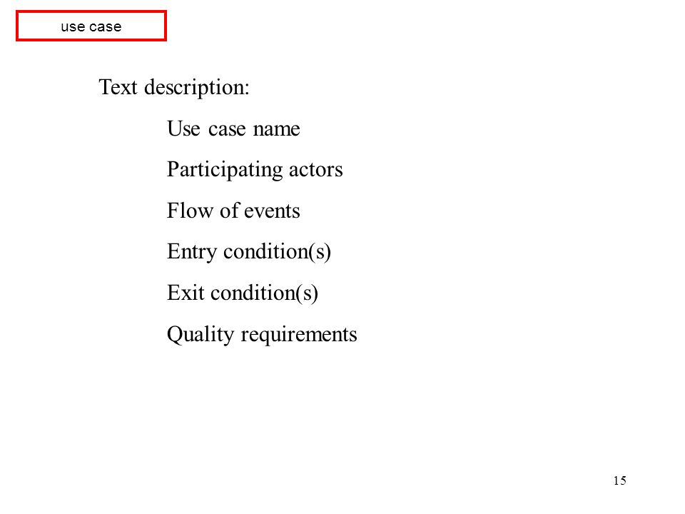 Text description: Use case name Participating actors Flow of events