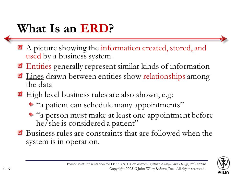What Is an ERD A picture showing the information created, stored, and used by a business system.
