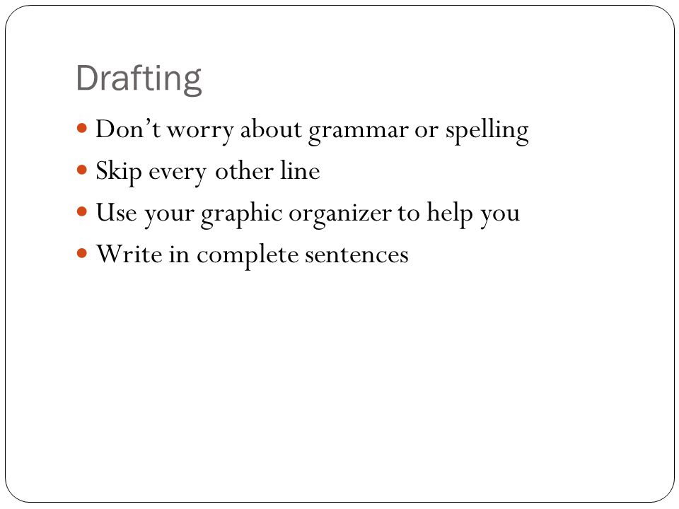 Drafting Don’t worry about grammar or spelling Skip every other line