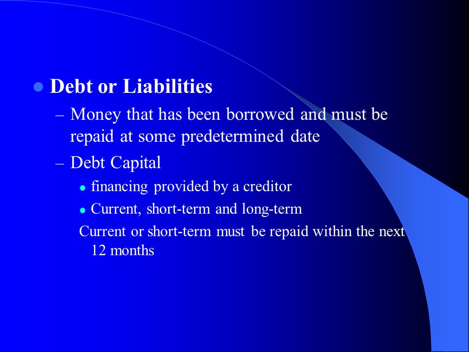 Debt or Liabilities Money that has been borrowed and must be repaid at some predetermined date. Debt Capital.