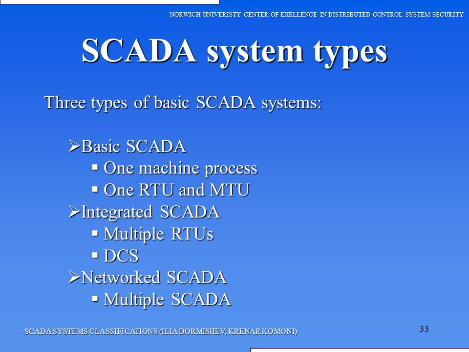 SCADA system types Three types of basic SCADA systems: Basic SCADA