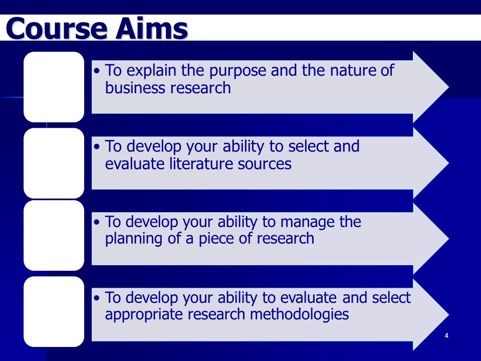 Course Aims 1. To explain the purpose and the nature of business research. 2. To develop your ability to select and evaluate literature sources.