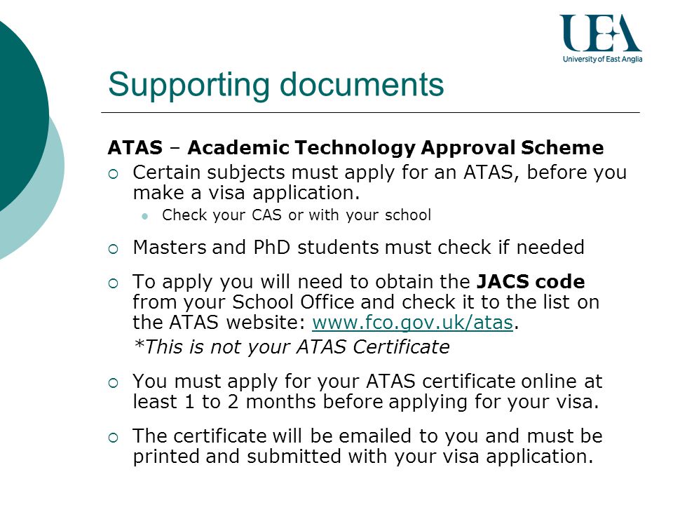 Supporting documents ATAS – Academic Technology Approval Scheme