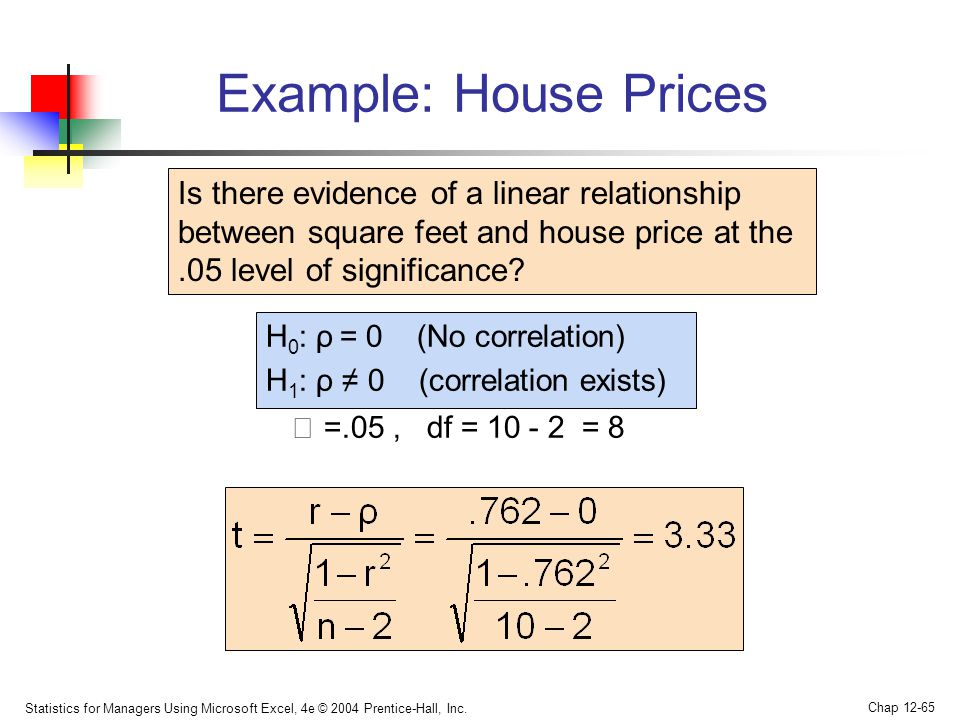 Example: House Prices Is there evidence of a linear relationship between square feet and house price at the .05 level of significance