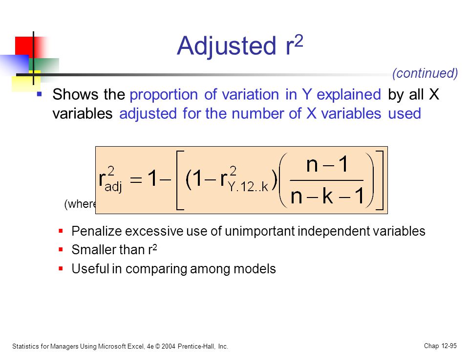 Adjusted r2 (continued) Shows the proportion of variation in Y explained by all X variables adjusted for the number of X variables used.